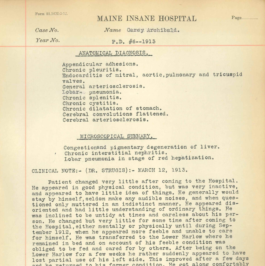 Miniature of Maine Insane Hospital Autopsy Files, 1912-1913