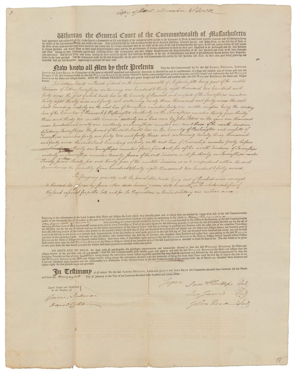 Miniature of Copy of Deed Number Seven to William Bingham