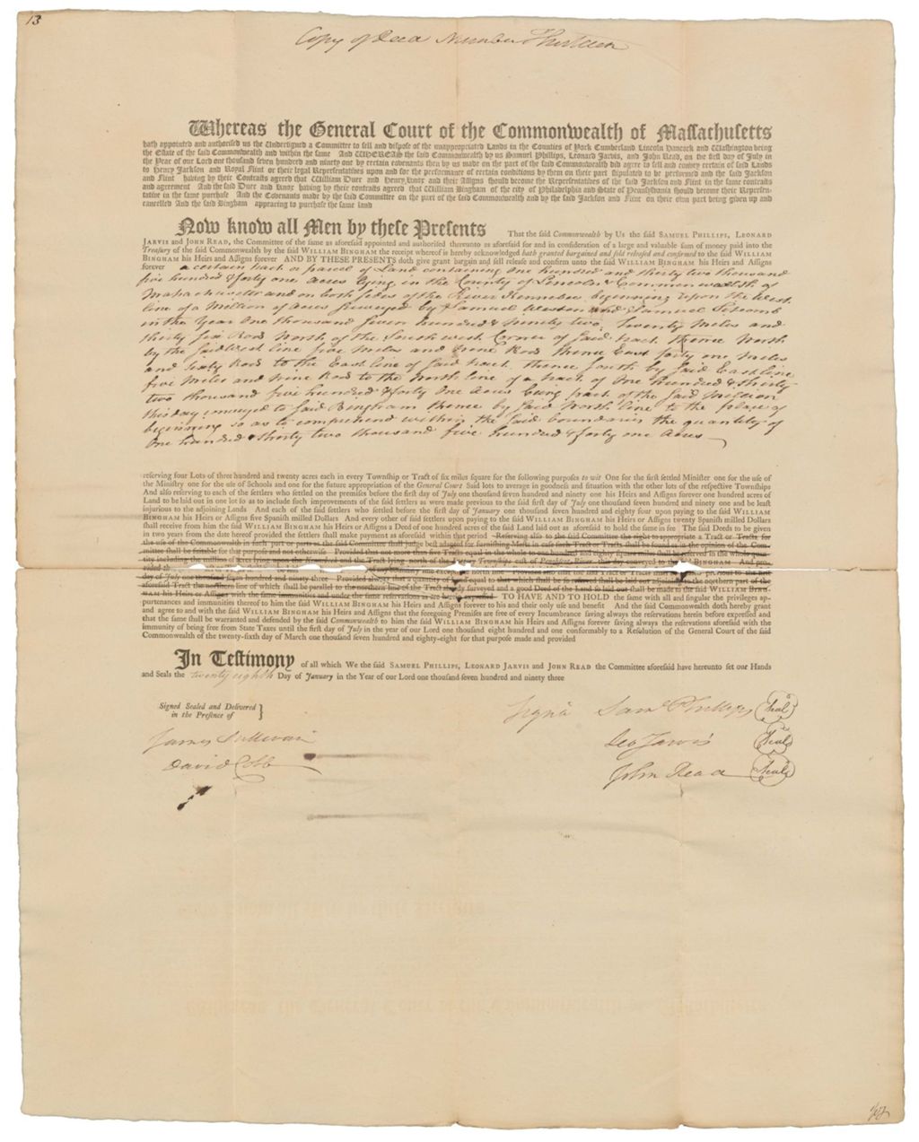 Miniature of Copy of Deed Number Thirteen to William Bingham