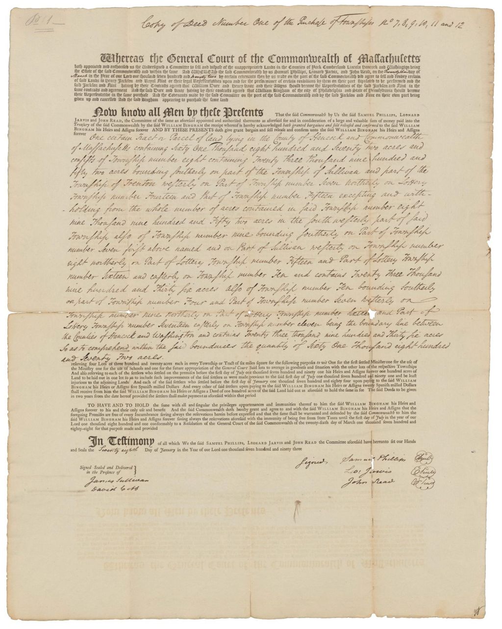 Miniature of Copy of Deed Number One of the Purchase of townships No. 7, 8, 9, 10, 11 and 12 to William Bingham