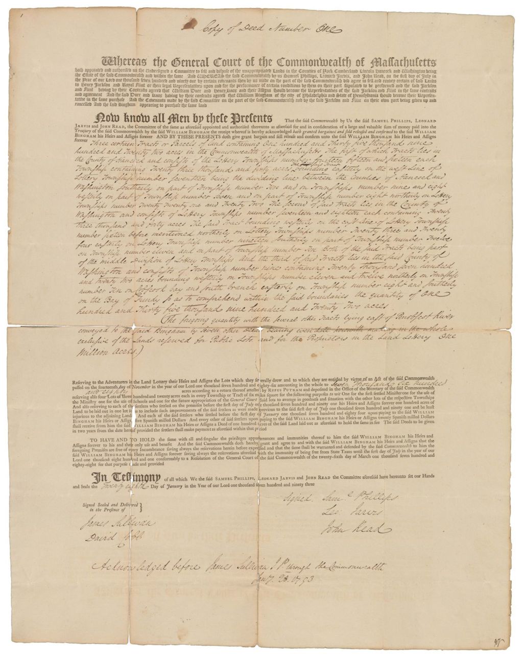 Miniature of Copy of Deed Number One to William Bingham
