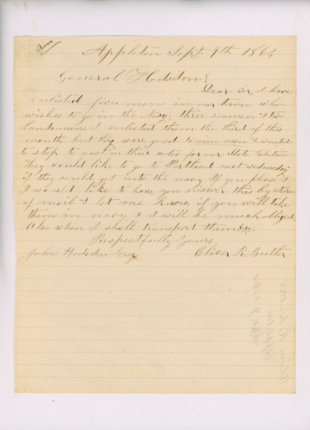 Miniature of Letter to John Hodsdon From Oliver Butler Regarding Quota, September 9, 1864