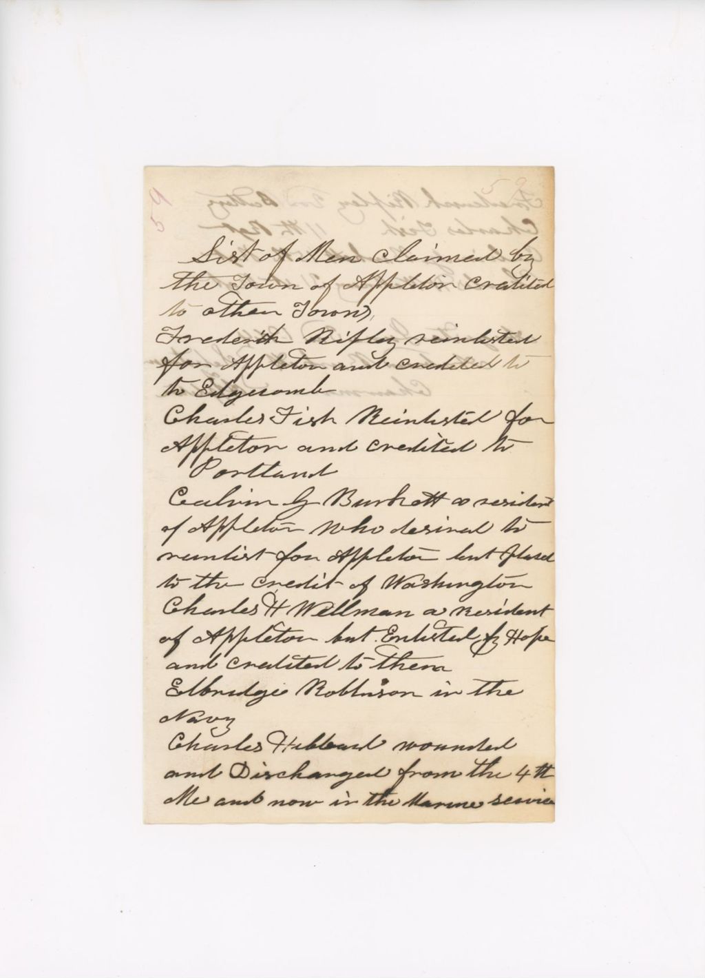 Miniature of List of Men Claimed by the Town of Appleton Credited to Other Towns, June 3, 1864