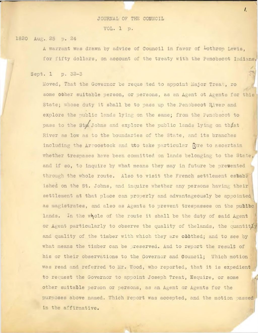Miniature of Indian affairs documents from Maine Executive Council: Journal