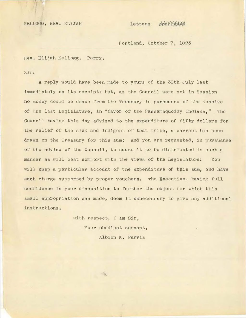 Miniature of Indian affairs documents from Maine Executive Council: Rev. Elijah Kellogg Correspondence