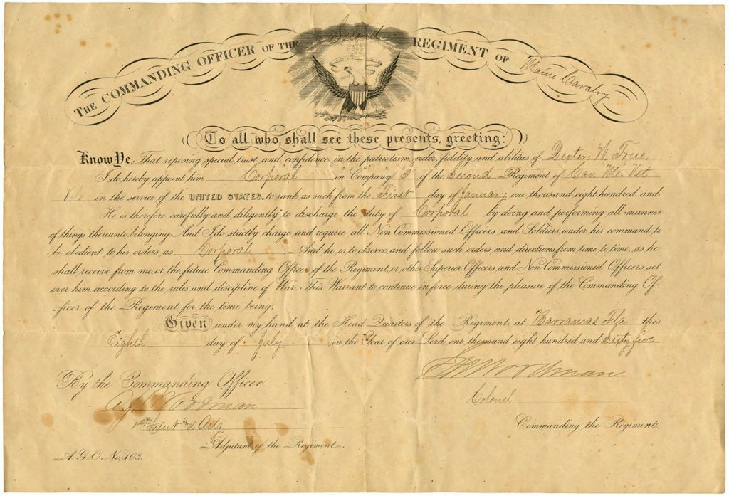 Miniature of Dexter True, appointment to Corporal certificate