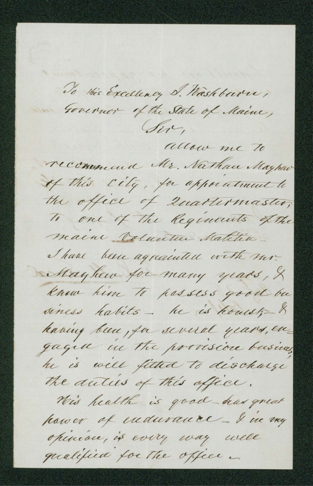 Miniature of Eliphalet Clark recommends Nathan Mayhew for Quartermaster