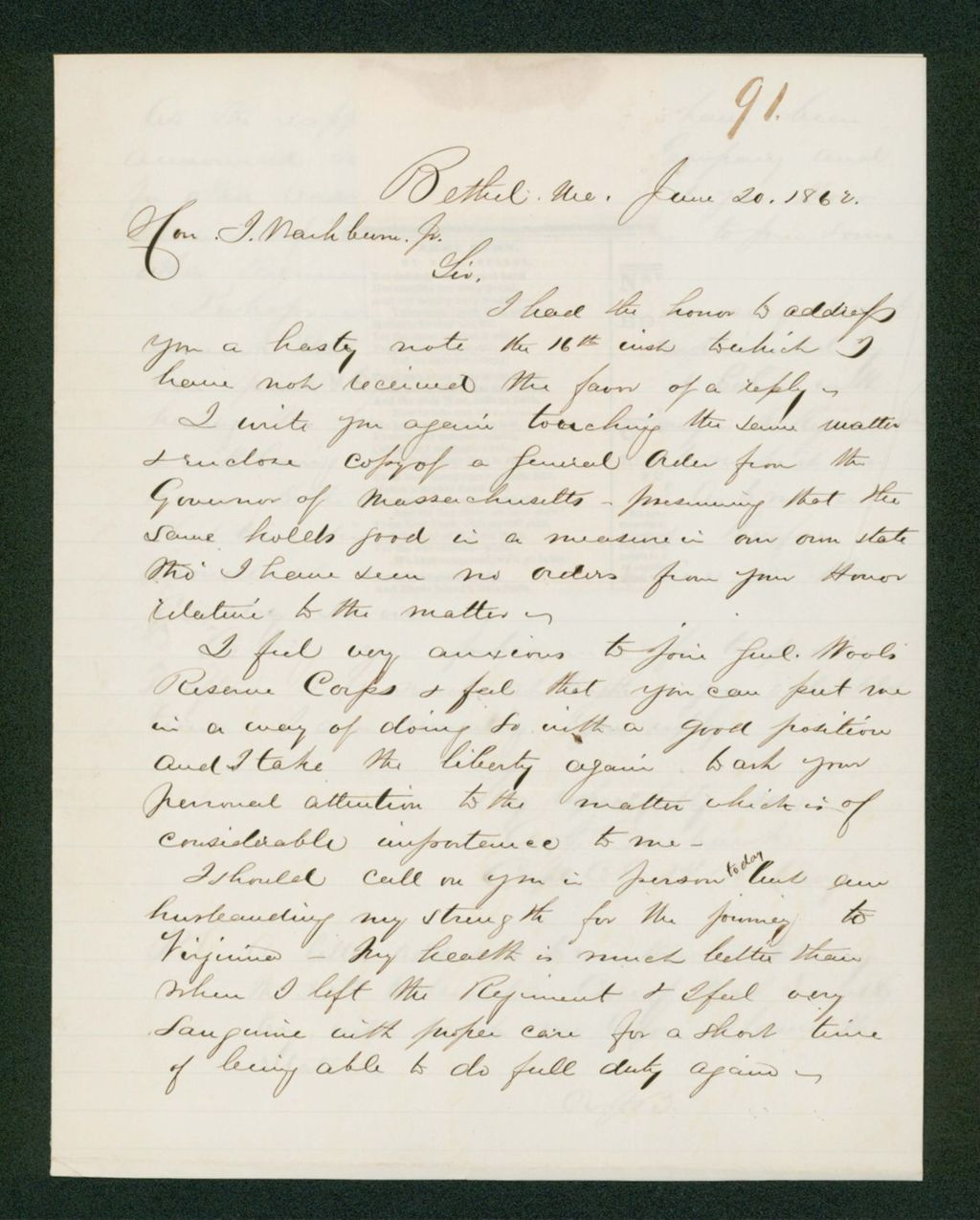 Miniature of Captain Burbank requests to join General Wood's Reserve Corps