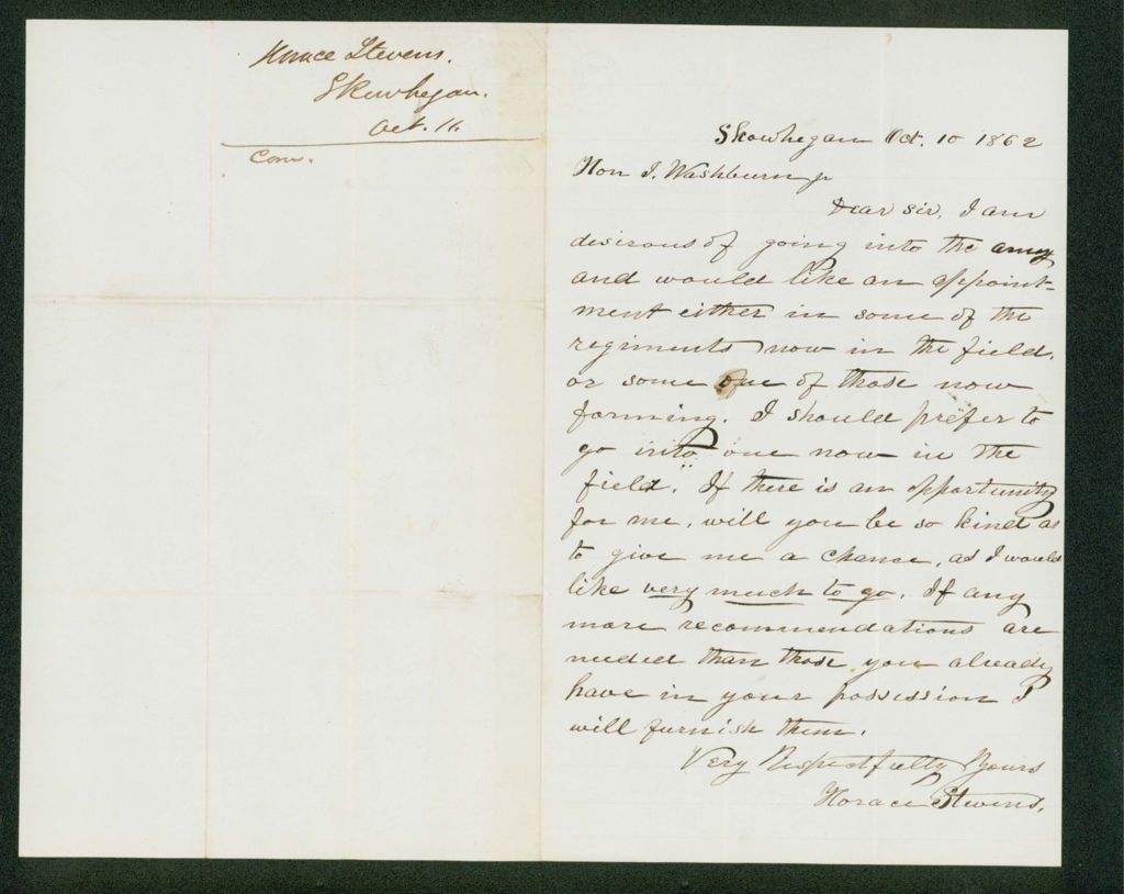 Miniature of Horace Stevens requests a position in a new regiment