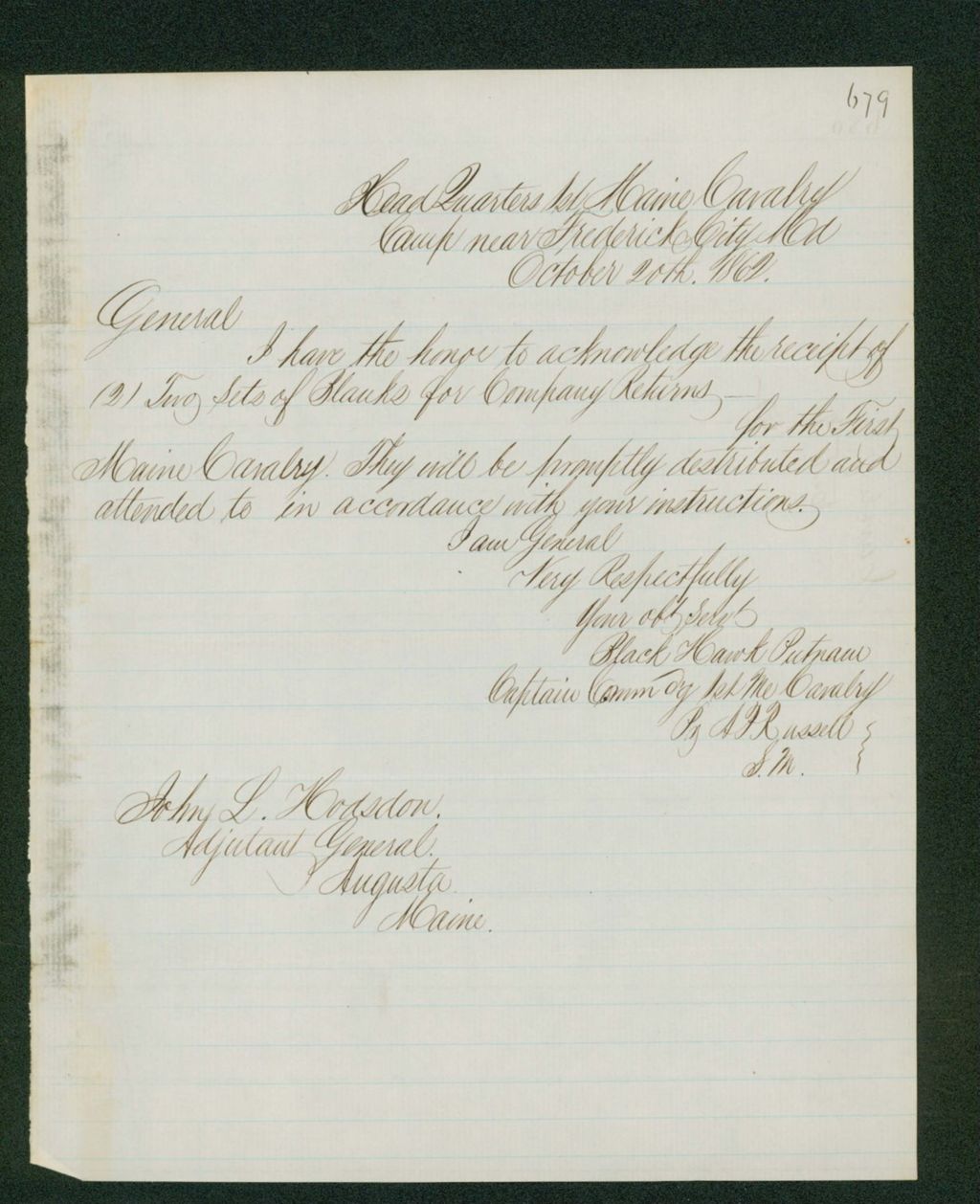 Miniature of Captain Black Hawk Putnam acknowledges receipt of company returns