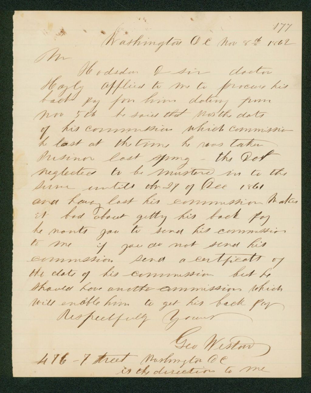 Miniature of George Weston requests a copy of the commission for George Haley so he may receive back pay
