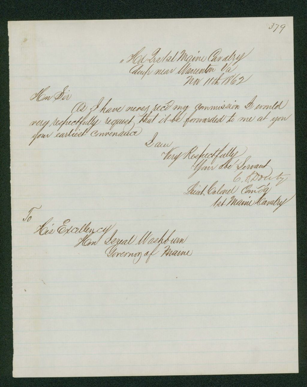Miniature of Lieutenant Colonel C. Douty requests his commission