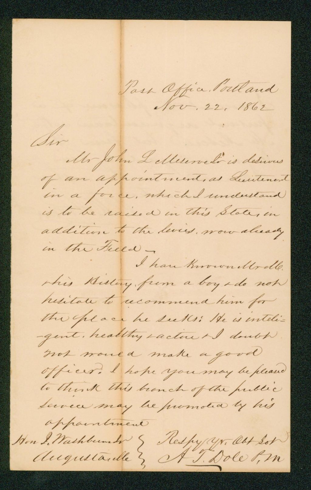 Miniature of A.T. Dole recommends John L. Meserve for appointment