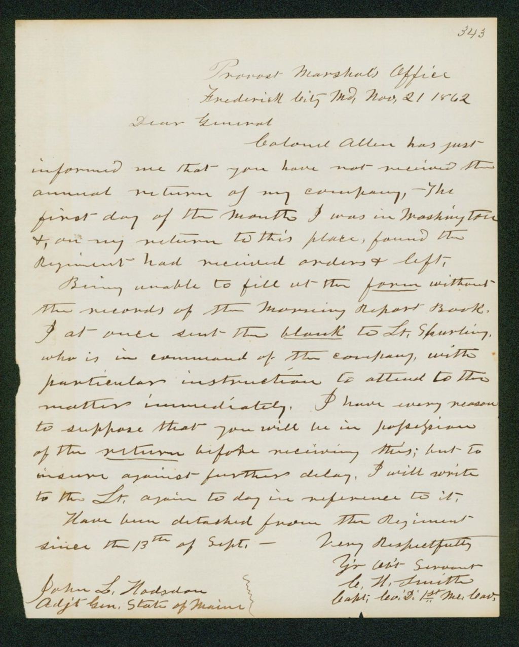 Miniature of Captain C.H. Smith writes regarding annual returns