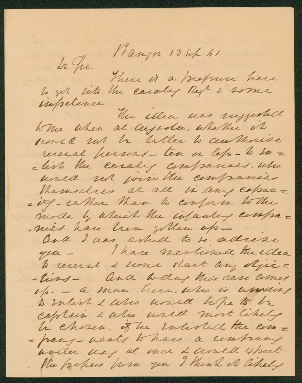 Miniature of O.H. Blake advises Governor Washburn that recruiting officers should not receive commissions in the cavalry