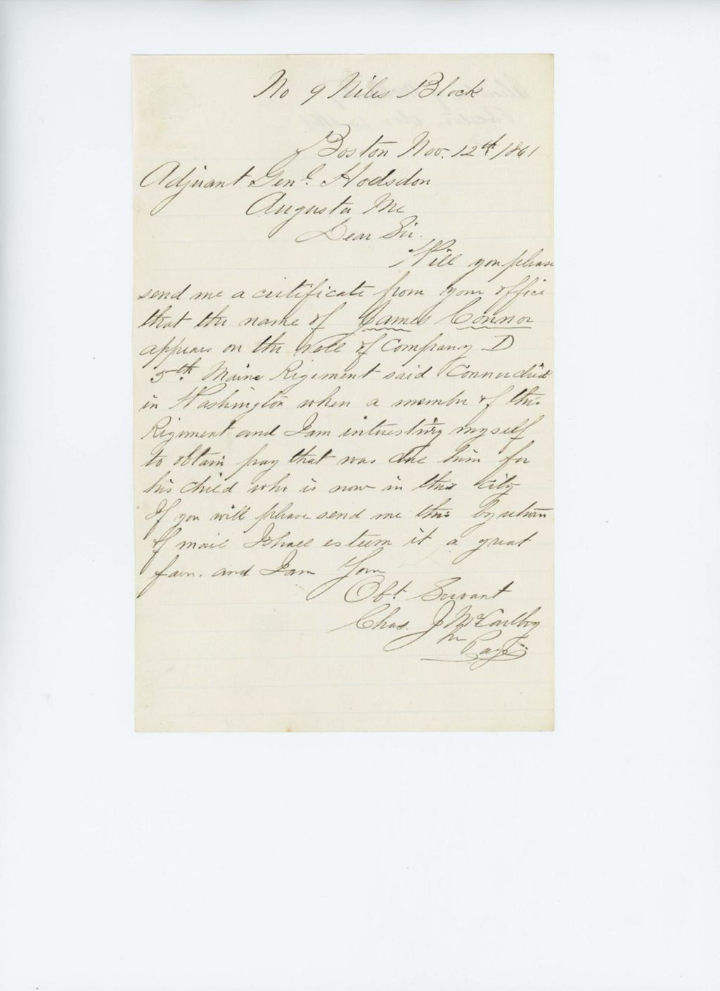Miniature of Charles J. McCarthy requests certification that James Connor is on the rolls of Company D