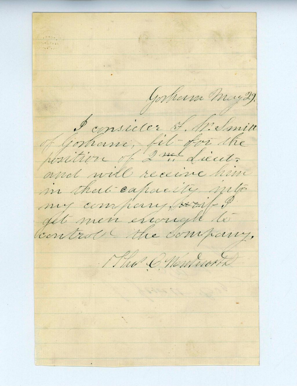 Miniature of Undated (May 29) - Thomas Wentworth accepts F. W. Smith as 2nd Lieutenant