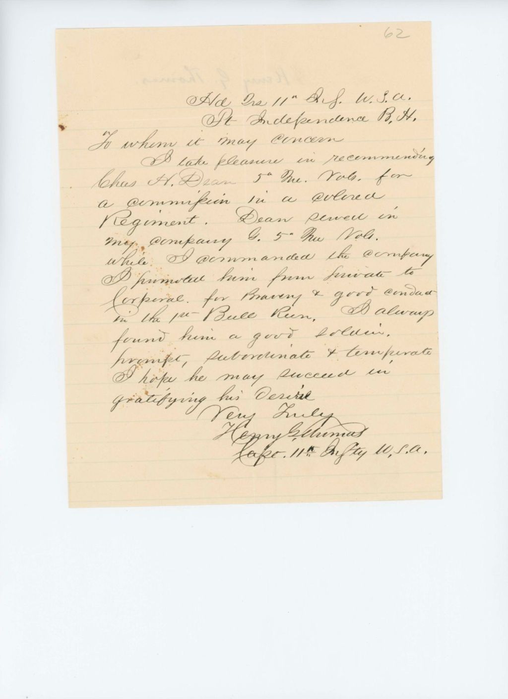 Miniature of Undated - Captain Henry G. Thomas recommends Charles H. Dean for commission in a colored regiment