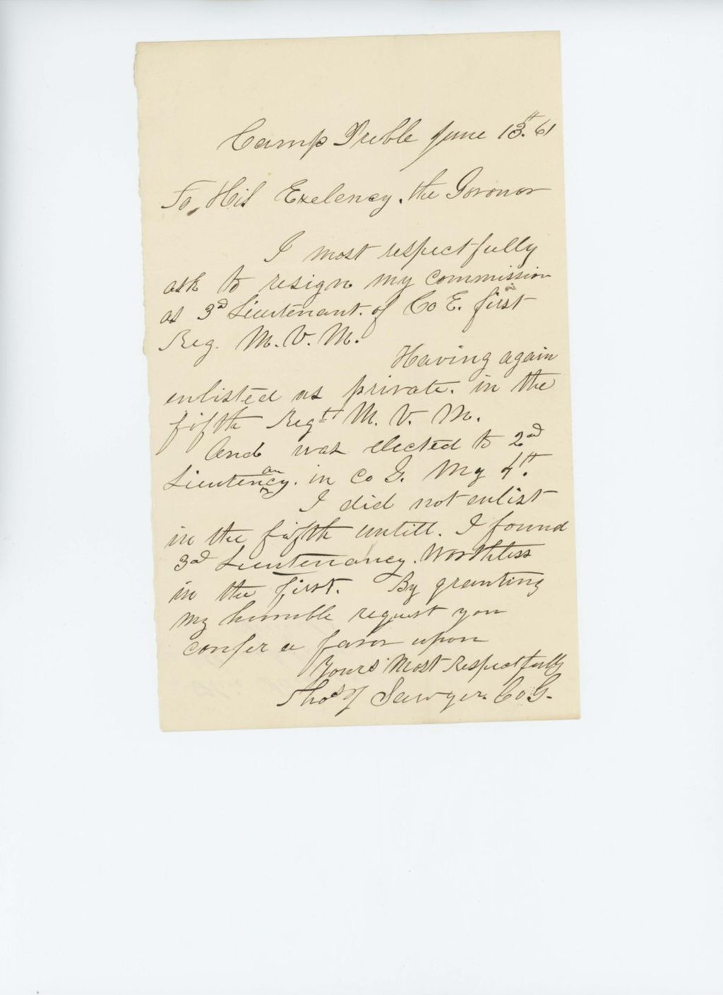 Miniature of Lieutenant Thomas Sawyer resigns his commission in the 1st Maine Regiment