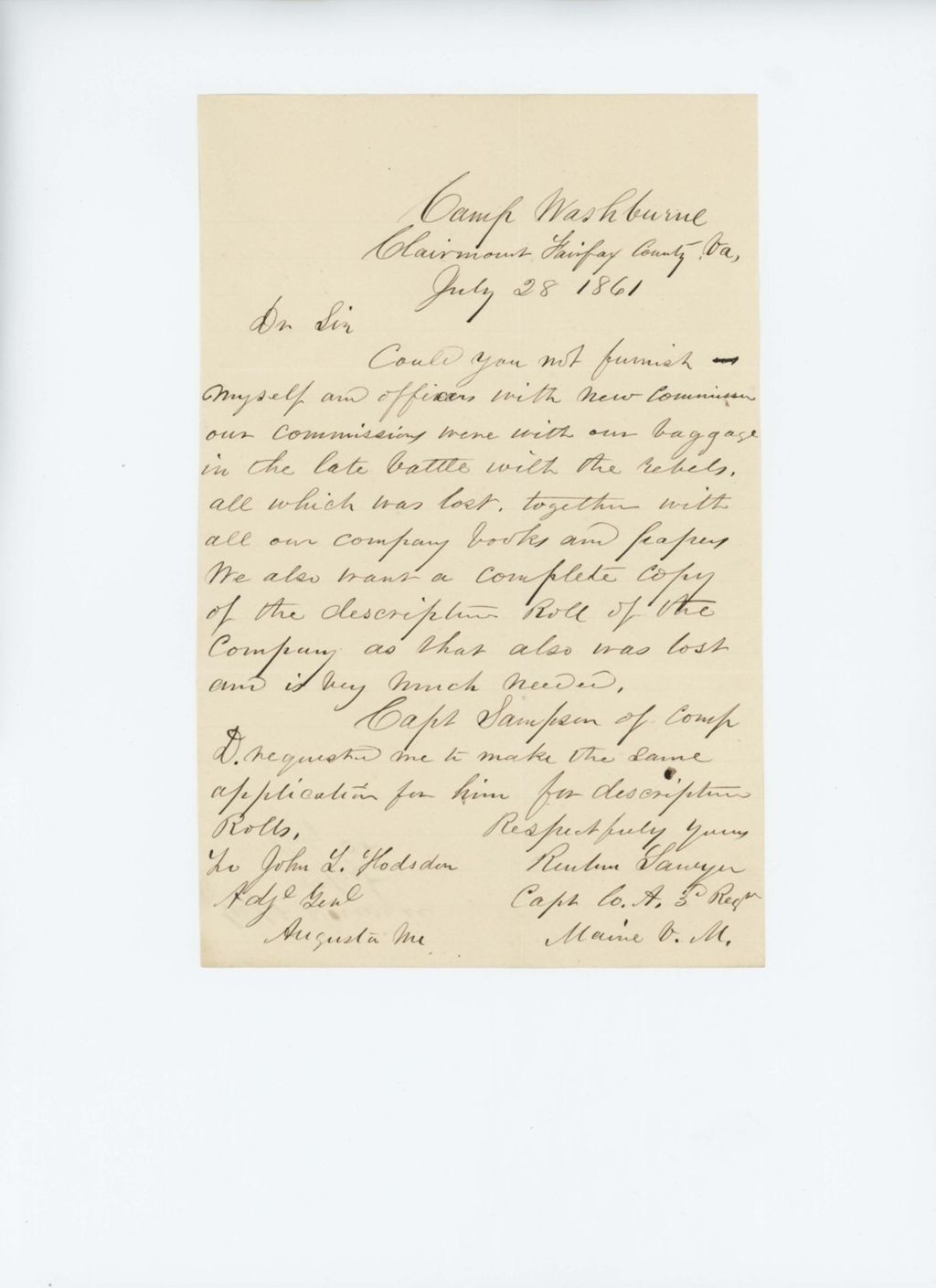 Miniature of Captain Reuben Sawyer requests new commissions for himself and officers