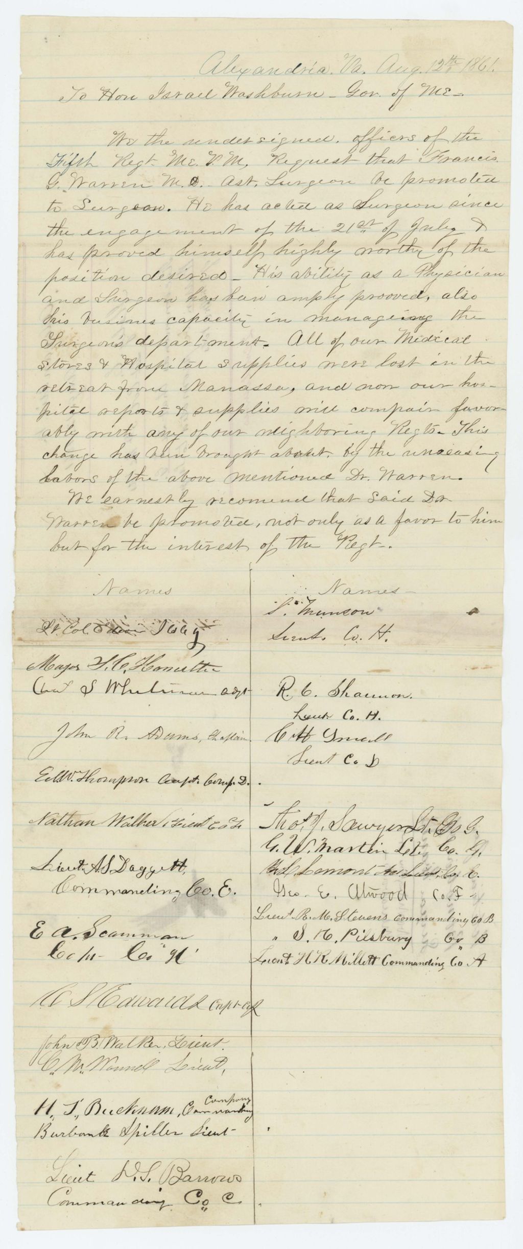 Miniature of Petition from the officers of the regiment for promotion of Dr. Francis G. Warren to surgeon