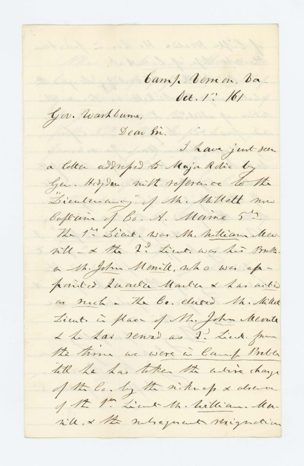 Miniature of Chaplain J.R. Adams writes Governor Washburn regarding regimental elections