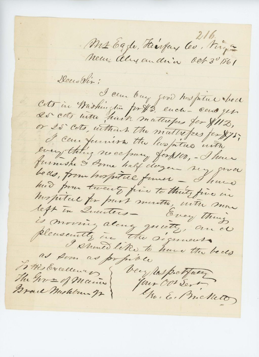 Miniature of Surgeon George Brickett writes Governor Washburn regarding hospital supplies