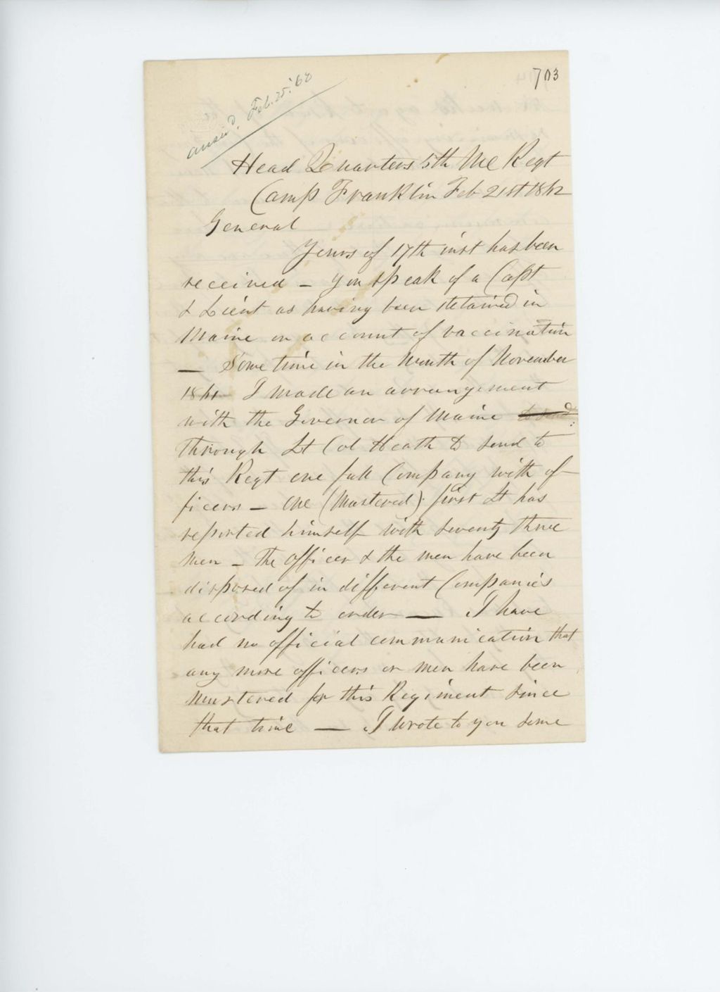 Miniature of Colonel Jackson writes Adjutant General Hodsdon regarding 2 officers who have not reported due to vaccination