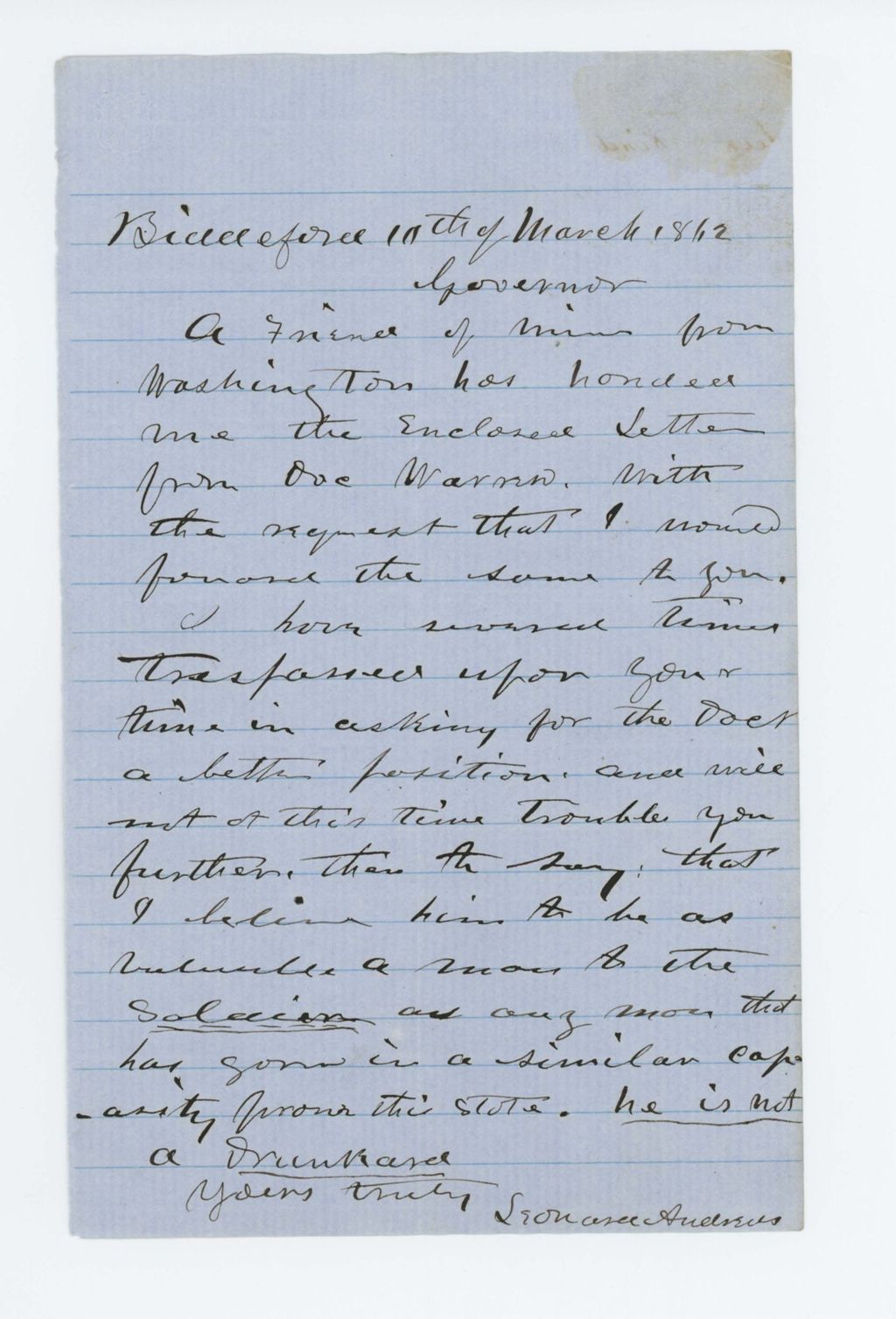 Miniature of Leonard Andrews asserts Dr. Warren is not a drunkard