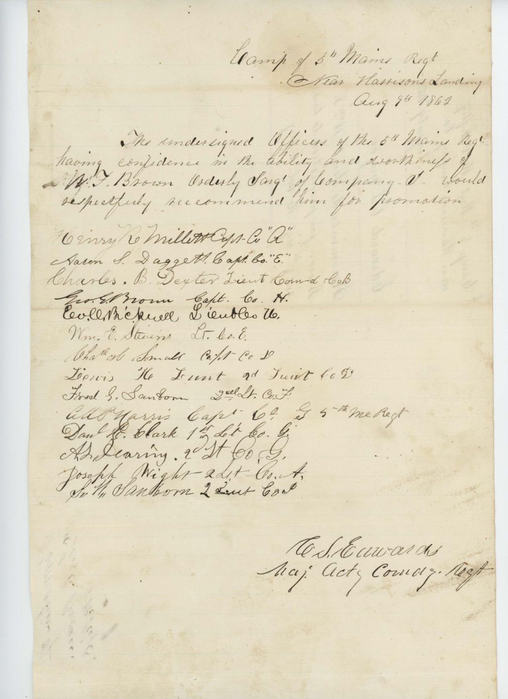 Miniature of Captain Henry Millett and other officers petition for promotion of W.F. Brown