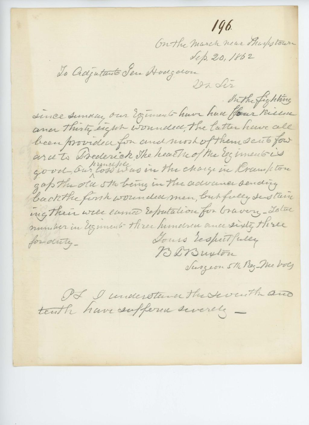 Miniature of Dr. Buxton writes General Hodsdon of the wounded in the regiment