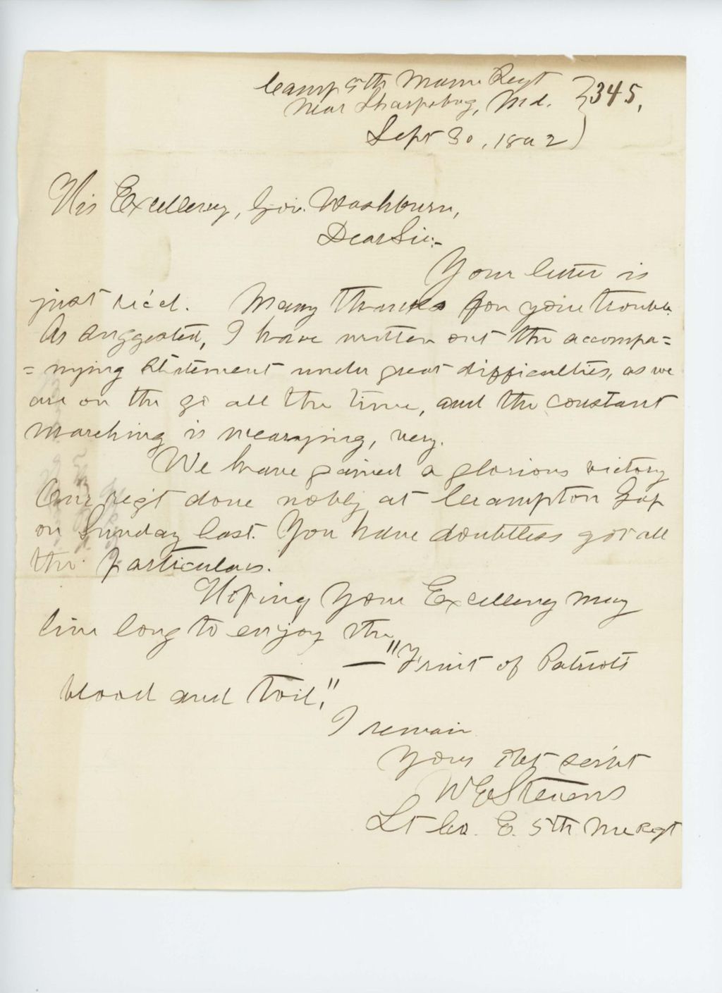 Miniature of Lieutenant William E. Stevens writes Governor Washburn of the regiment's "glorious victory" at Crampton's Gap