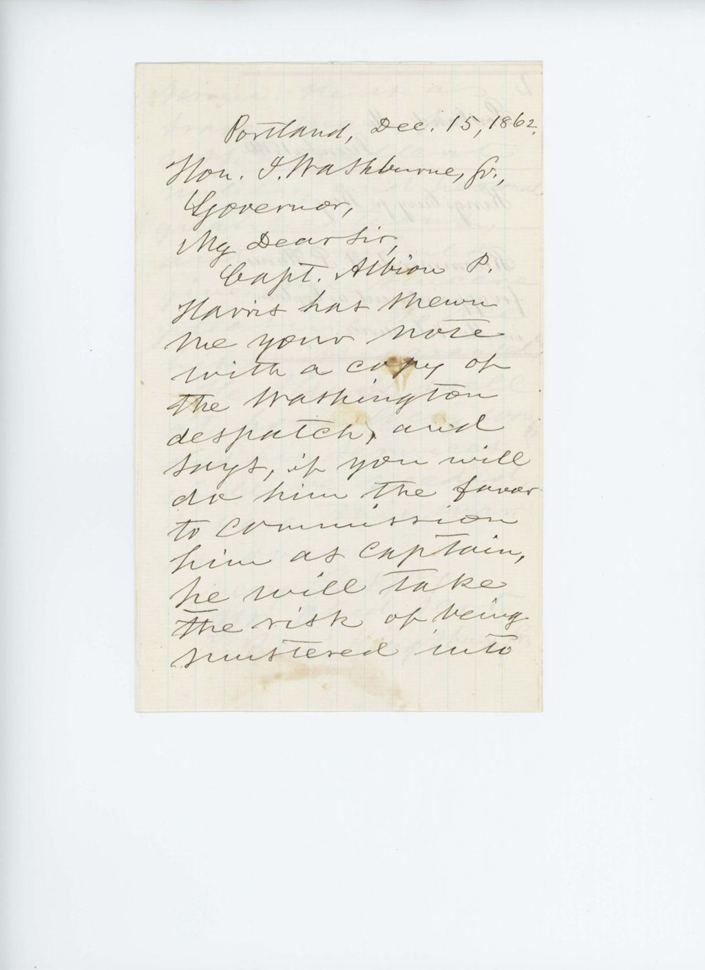 Miniature of Benjamin Kingsbury, Jr. recommends A.P. Harris for appointment as Captain