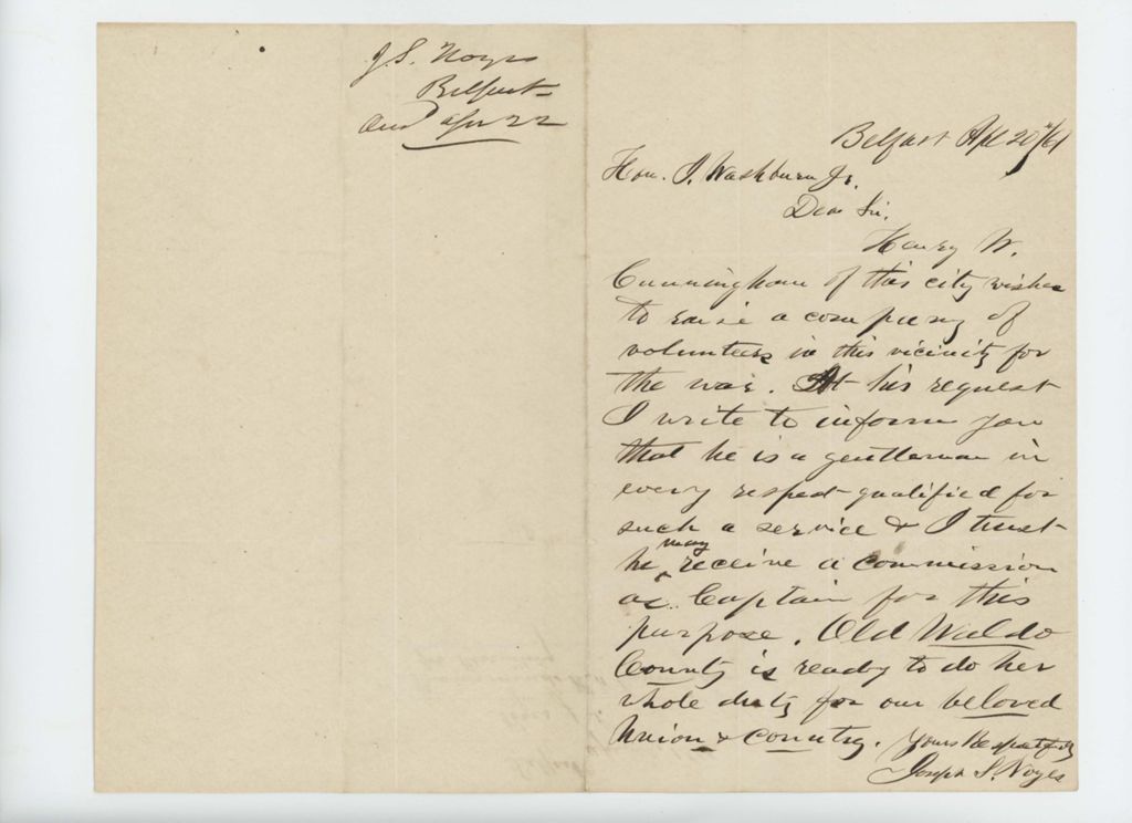 Miniature of Joseph Noyes recommends H.W. Cunningham for recruiting