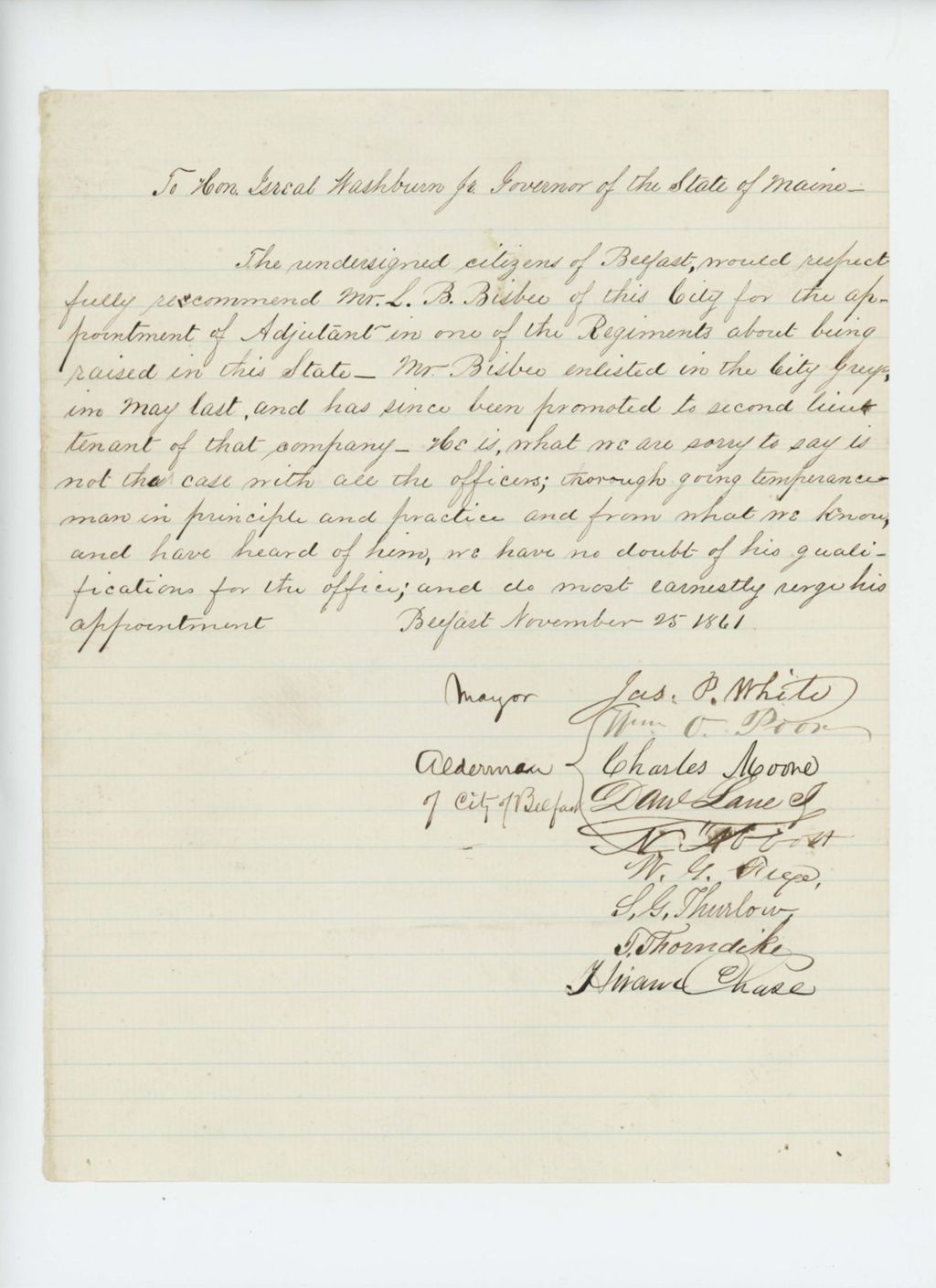Miniature of Mayor James White and citizens of Belfast recommend L.B. Bisbee for appointment as Adjutant