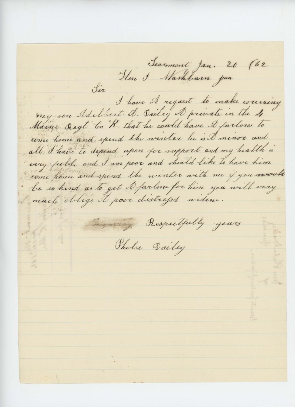 Miniature of Phebe Dailey requests a furlough for her son Adelbert