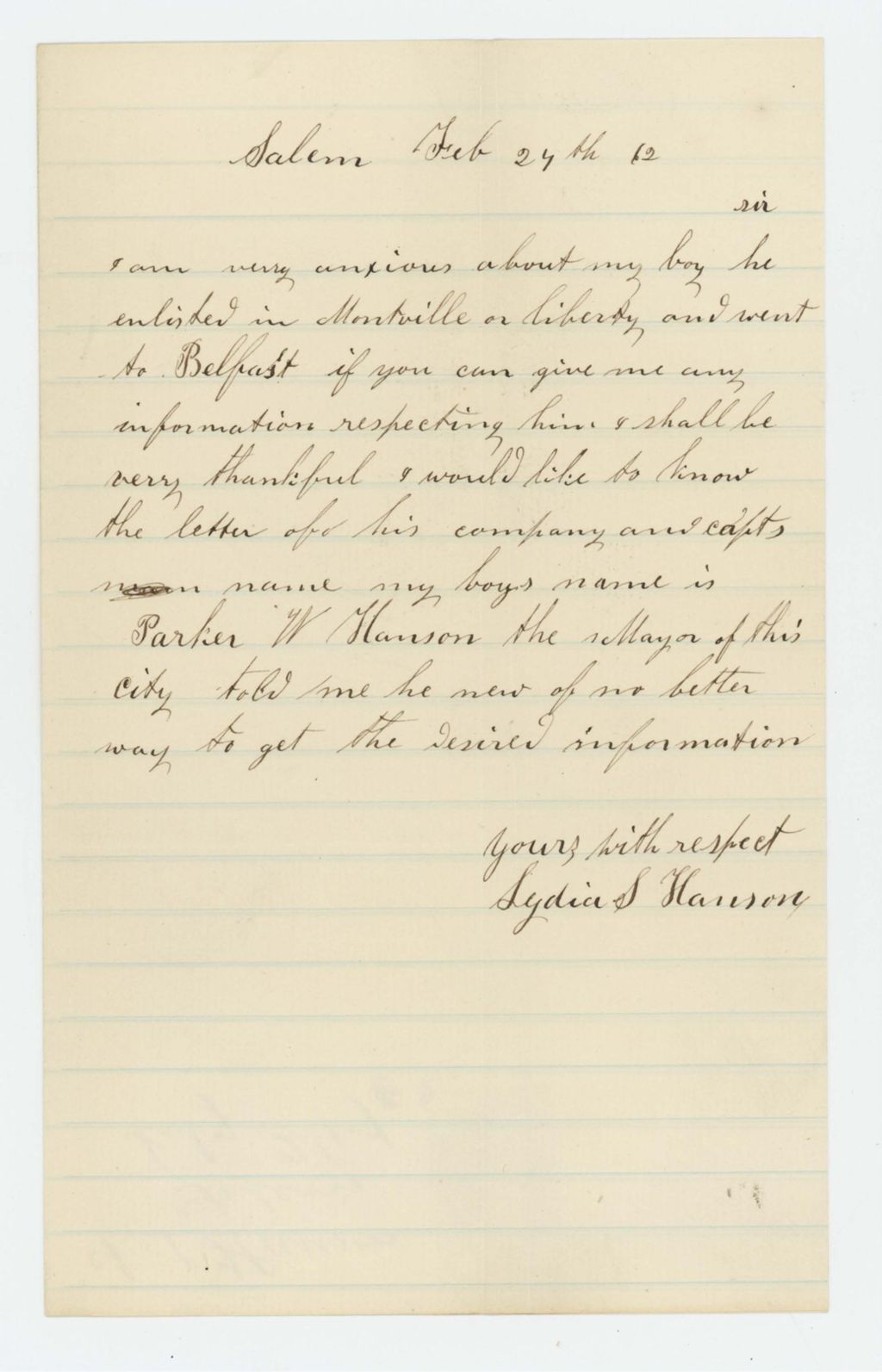 Miniature of Lydia S. Hanson requests information about her son Parker W.
