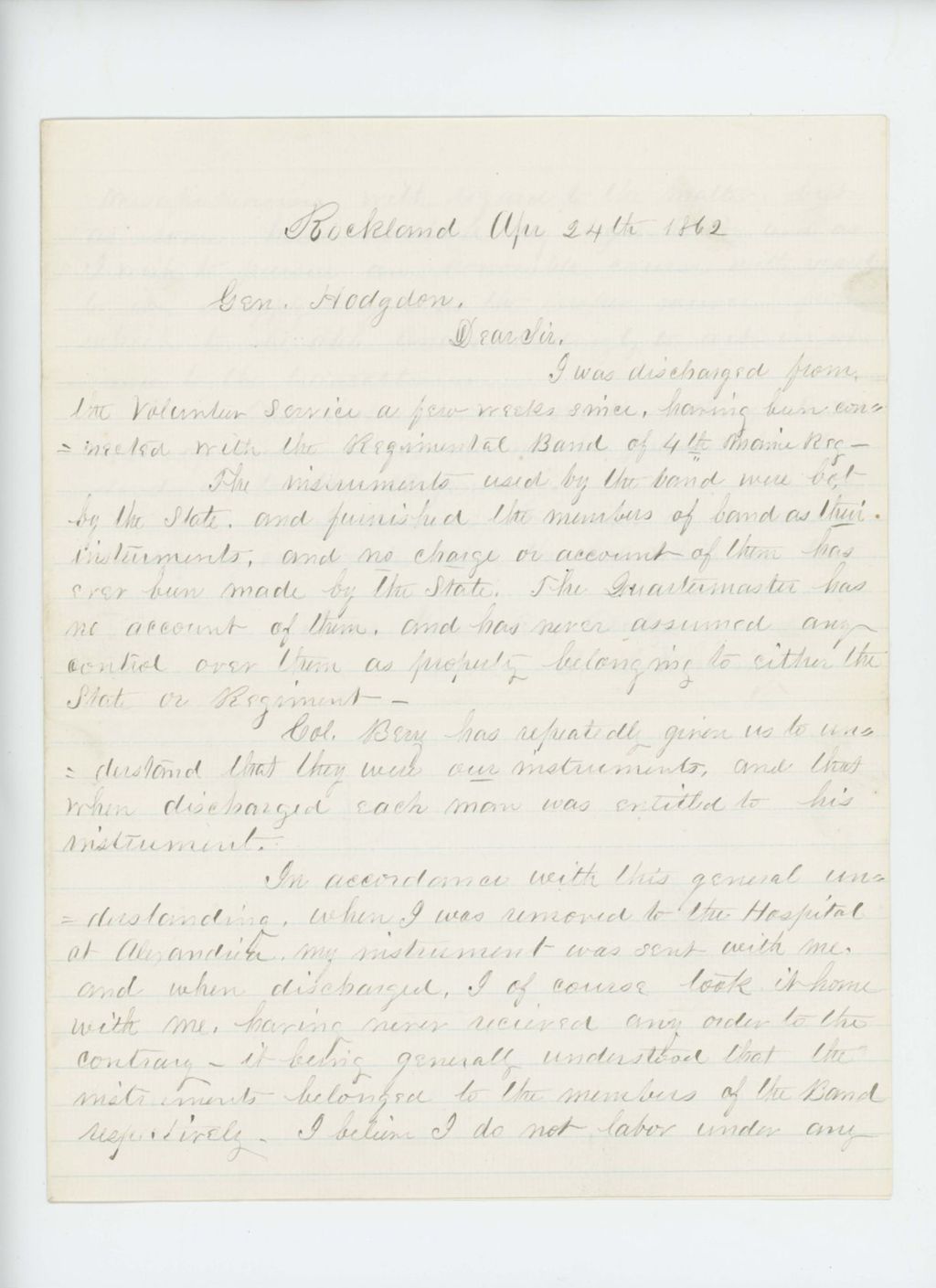 Miniature of S.K. Whiting writes General Hodsdon regarding his musical instrument