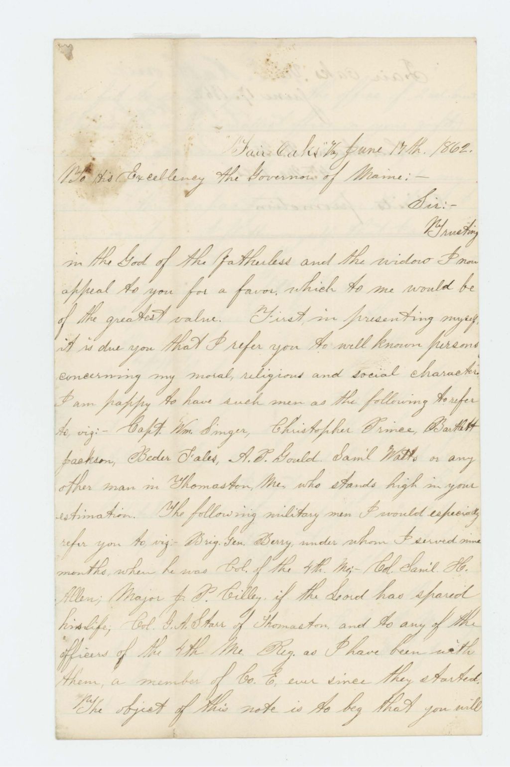 Miniature of William M. Harthorn of Company E requests position as 2nd Lieutenant