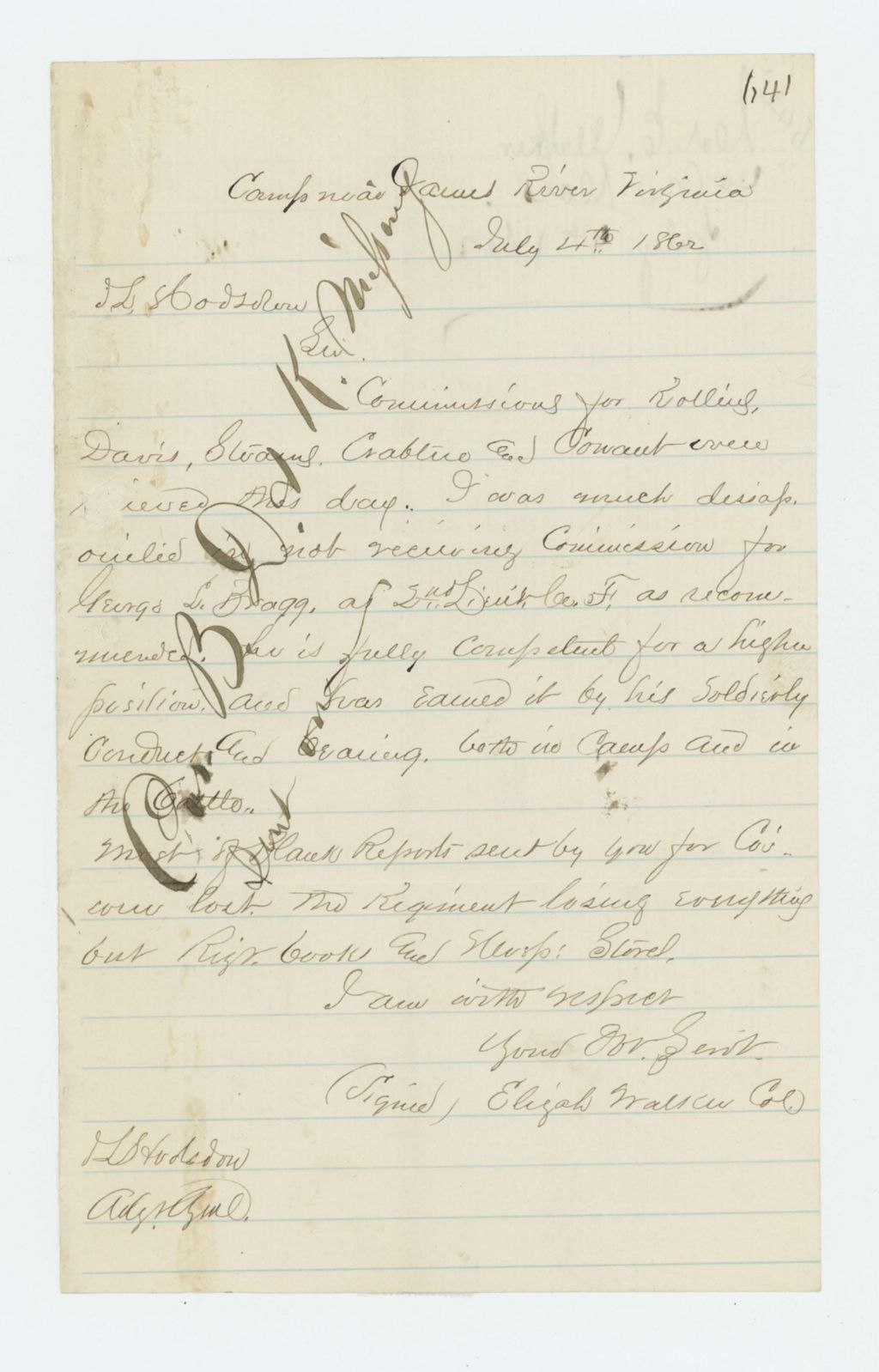 Miniature of Colonel Walker writes Hodsdon regarding commissions