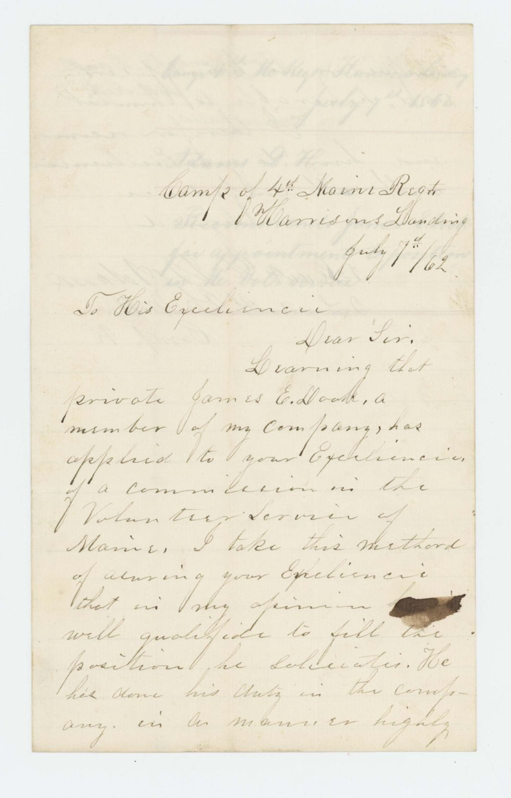 Miniature of Lieutenant D. H. Adams recommends Private James E. Doak for commission