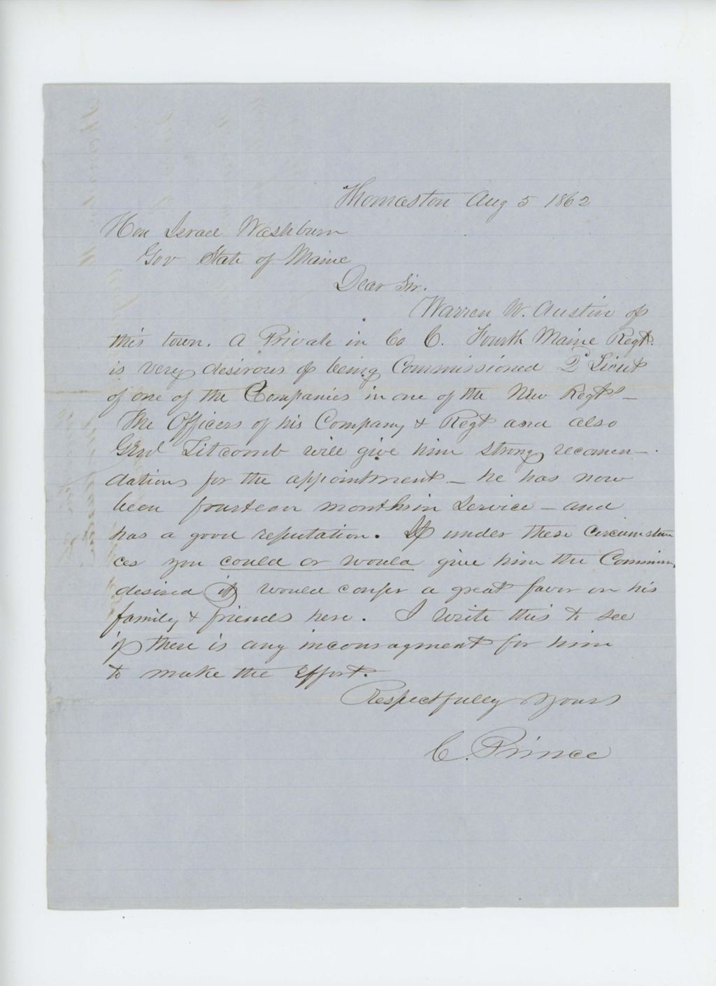 Miniature of C. Prince recommends Warren W. Austin for appointment as 2nd Lieutenant in a new regiment