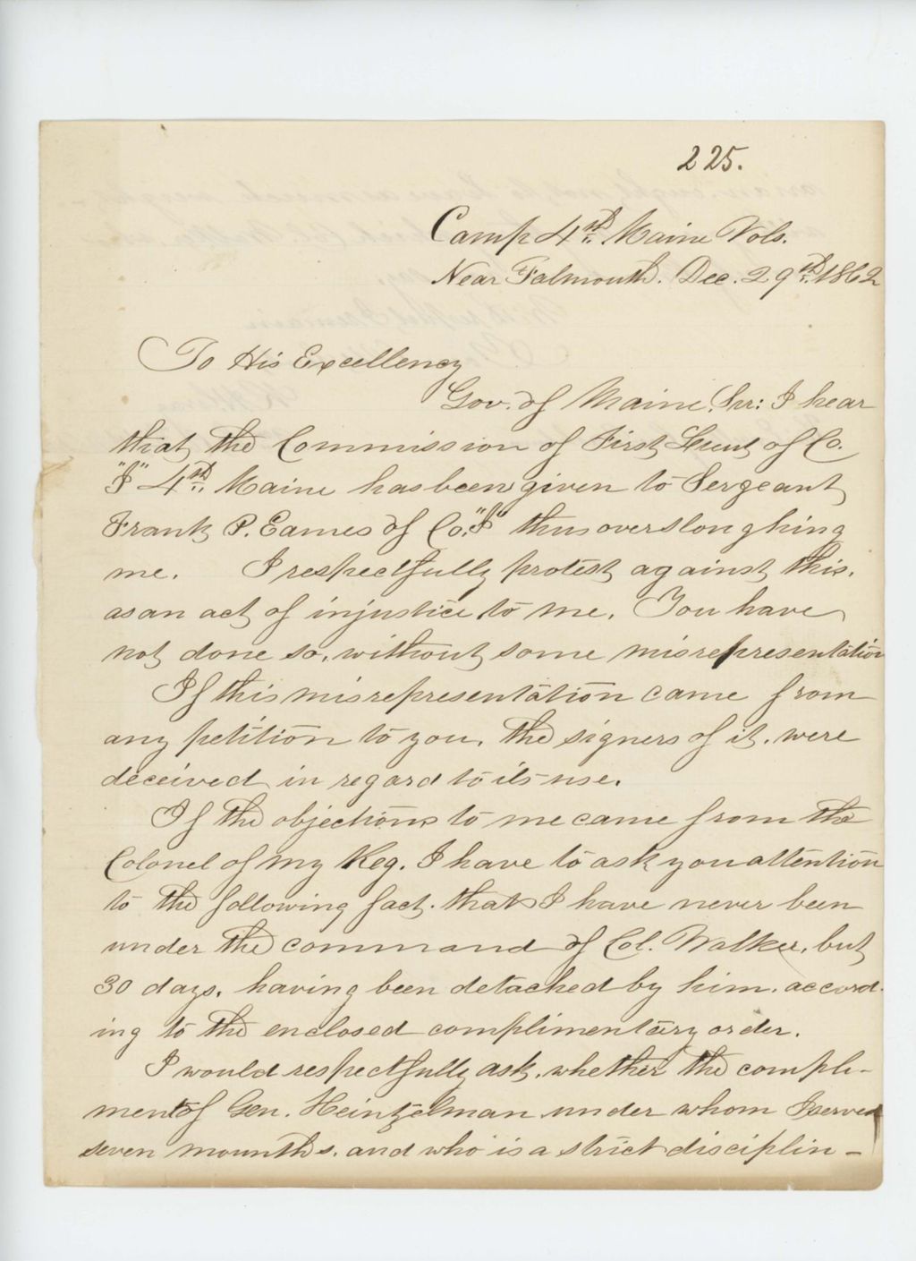 Miniature of Lieutenant R.H. Gray protests promotion of Frank P. Eames over himself