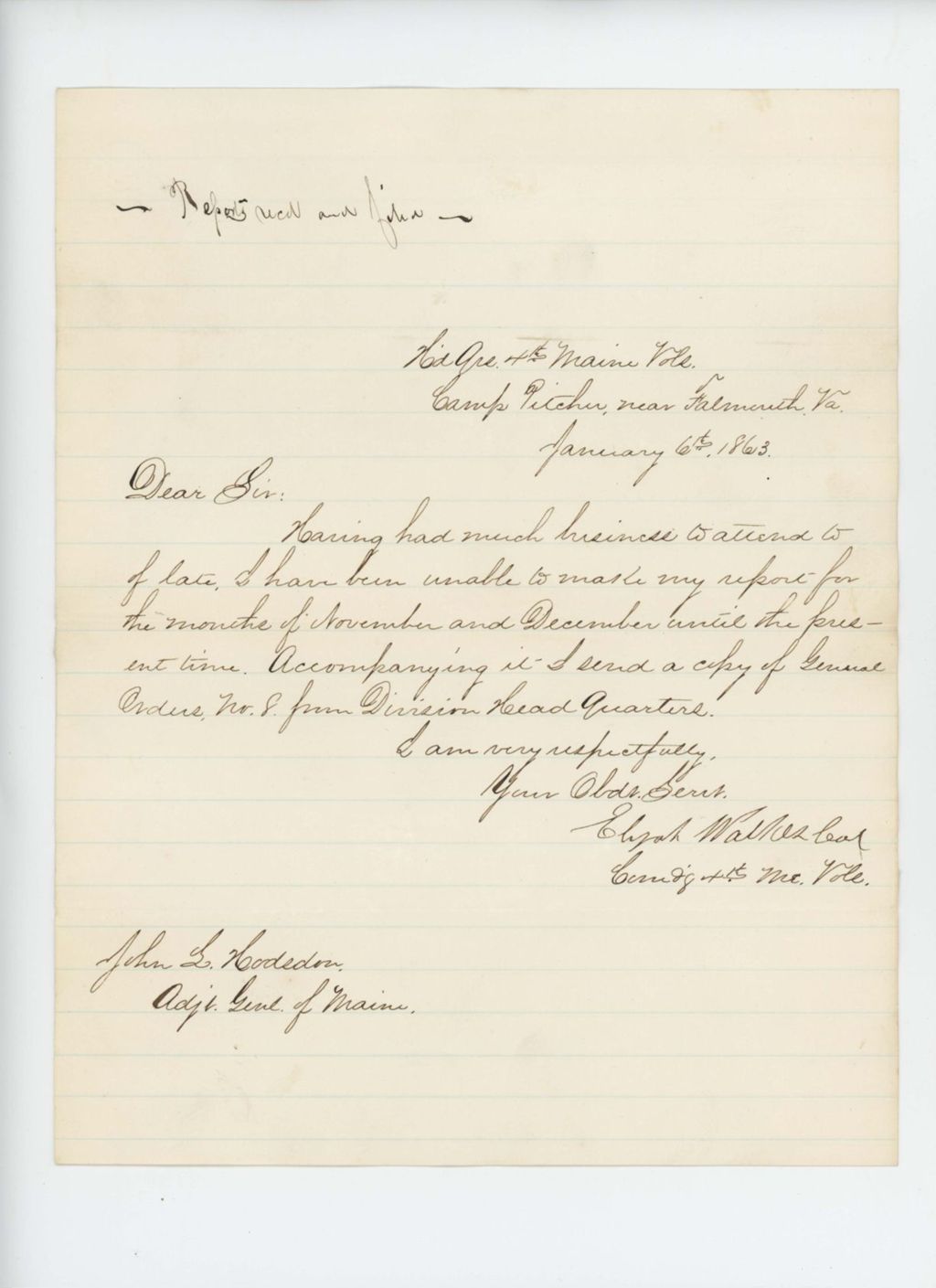 Miniature of Colonel Walker forwards his report for November and December 1862
