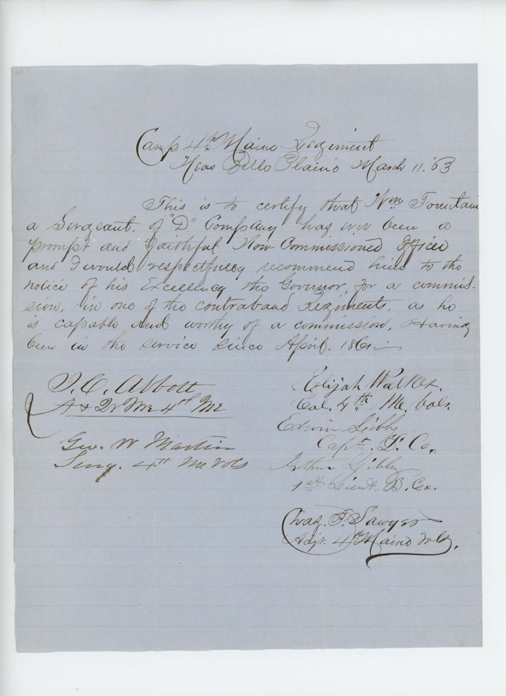 Miniature of Colonel Walker and officers recommend Sergeant William Fountain of Company D for commission in one of the contraband regiments