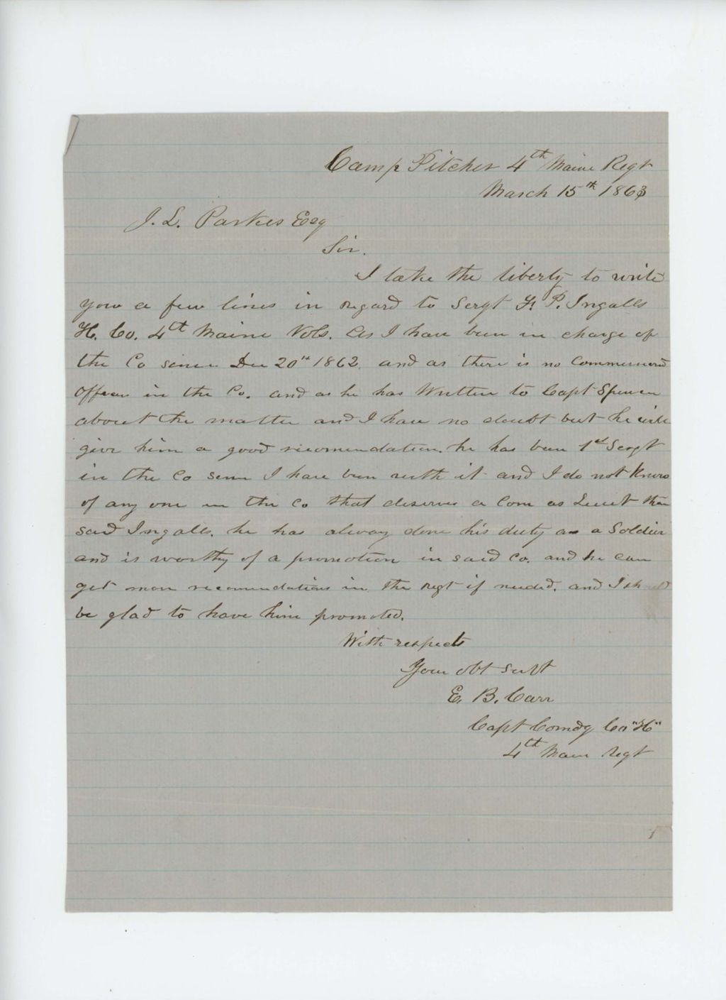 Miniature of Captain E.B. Carr recommends promotion of Frank P. Ingalls