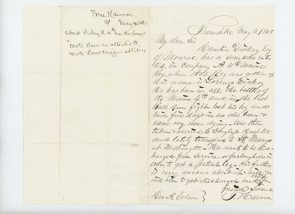 Miniature of True Harmon requests a discharge for Lorenzo Dickey of Company A who lost his leg at Second Manassas