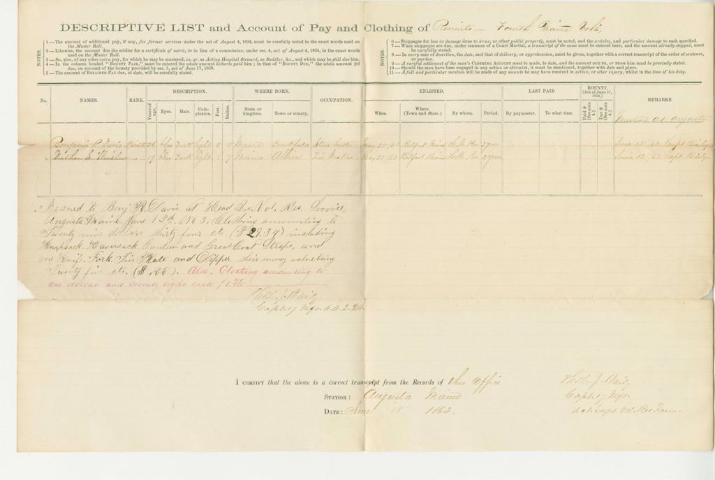 Miniature of Descriptive list for new recruits Benjamin Davis and Nathan Winslow