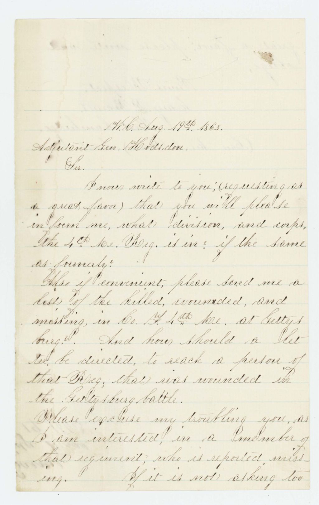 Miniature of Mary P. Barnes requests list of killed, wounded, and missing in Company F after Gettysburg