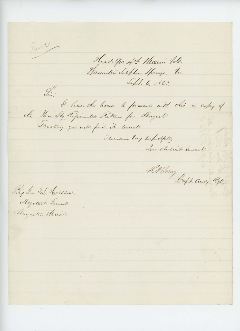 Miniature of Captain Gray forwards the monthly return to Adjutant General Hodsdon